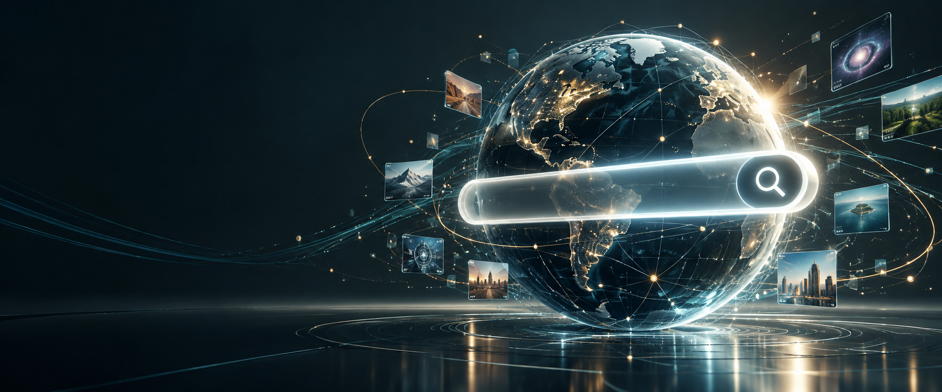 Luminous AI search interface with connected web knowledge nodes